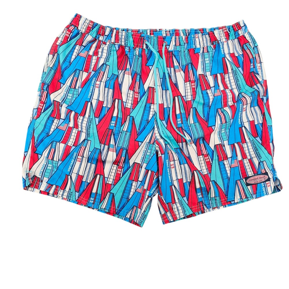 Vineyard Vines Mens XL Sailboat American Flag Swim Trunks Blue Red Patriotic